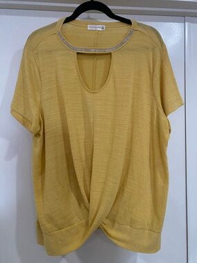 Beaded Neckline Yellow Twist-Front Women's Top